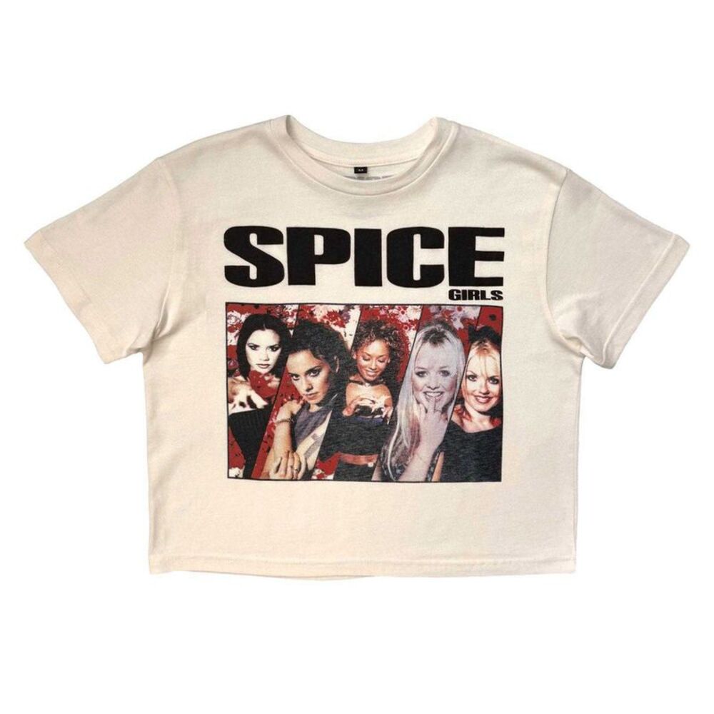 Spice Girls Womens/Ladies Collage Stone Wash Crop Top / White
